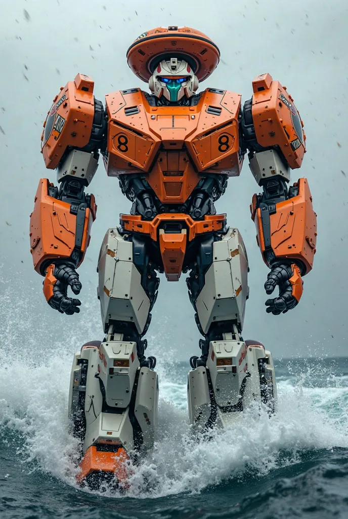 The sea rescue cruiser - Transformer shows a large, orange-white rescue ship, that looks robust and well equipped, to operate in stormy waters. The transformer has remarkable, angular shapes , that is transformed into a powerful humanoid body, which is dec...