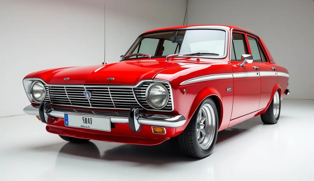 Front    side view of painted (Gleamy creamy red   ) shiny red  clour  New ( old model Ford Cortina 1600e  in large shape sedan in large size with  old model Ford Cortina 1600e  large detailed grille in shiny white clour with angular sporty design captured...