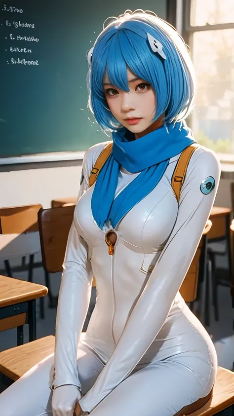 Rei Ayanami, classroom, green Chalkboard, nude, medium breasts, scarf, socks, light blue hair, 18-year-old, tight vagina, masterpiece, beautiful detailed face, detailed wet vagina,nsfw
