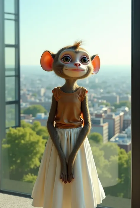 Monkey in white long skirt with brown blouse, hands together in the lower part of the body, in front of a very large glass window overlooking buildings and trees. 45 degree body position