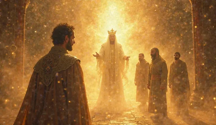 A surreal and mystical vision unfolds. In a glowing, ethereal space, a noble Turkish king stands frozen, his face filled with awe. Before him, a radiant figure in white robes, surrounded by a divine glow, solemnly points toward two mysterious men in the di...