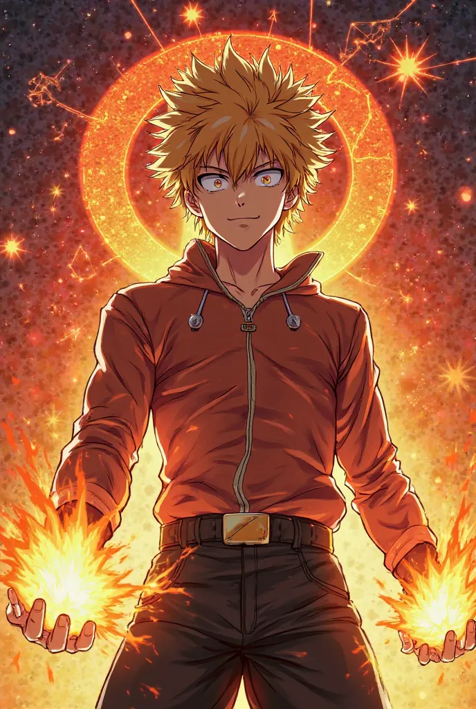 An epic portrait of Katsuki Bakugo, from My Hero Academia, representing the star sign Aries. He is in a dynamic pose, with a determined look and explosions of fire coming from his hands. The background has vibrant shades of red and orange, symbolizing the ...