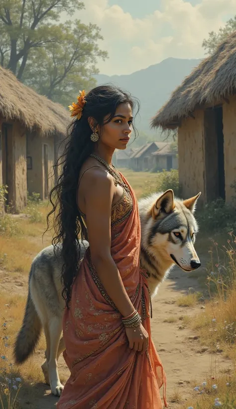 A beautiful Indian woman sitting next to a wolf. And in the background several huts 