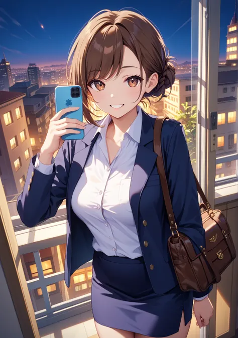 1 girl,office lady,navy skirt,low bun,brown hair,brown eye,short hair,swept bangs,smile,evening,city,Returning Home,walk,navy jacket ,white shirt,bag,Selfie,reflection in a Window,pub