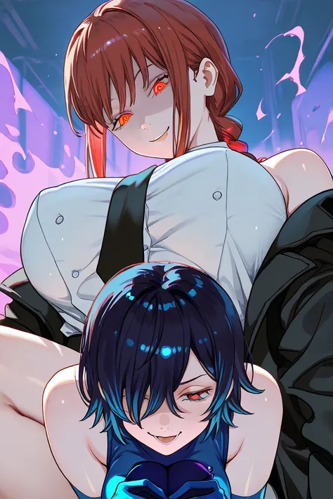 2 girls, Big breasted girl, blue hair, blue multicolored hair, detailed eyes, Flirty expression,  evil smile, blue glove, red eyes,  short hair, hair over one eye,blue uniform with buttons, black coat, Bare shoulders,together, Makima, Chainsaw man, Express...