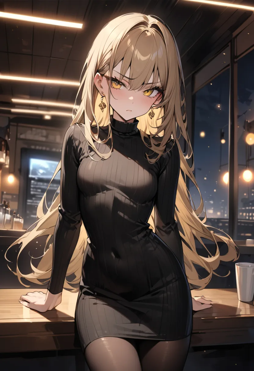 ((Greatest Masterpiece,Ultra High Quality:1.2)),(super resolution),(solo),cowboy shot,Night Cafe,Slender, small-breasted high school girl, beautiful face, long golden hair,perfect golden eyes, serious expression, high quality black knit dress,tights, golde...