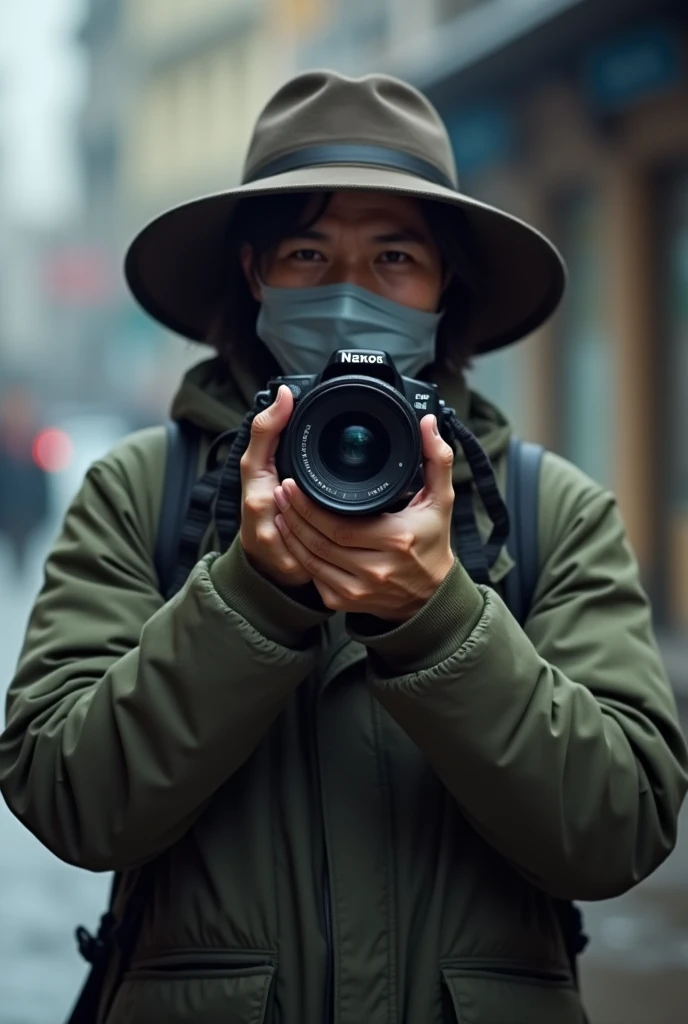 A photographer wearing a hat and a face mask holding a camera