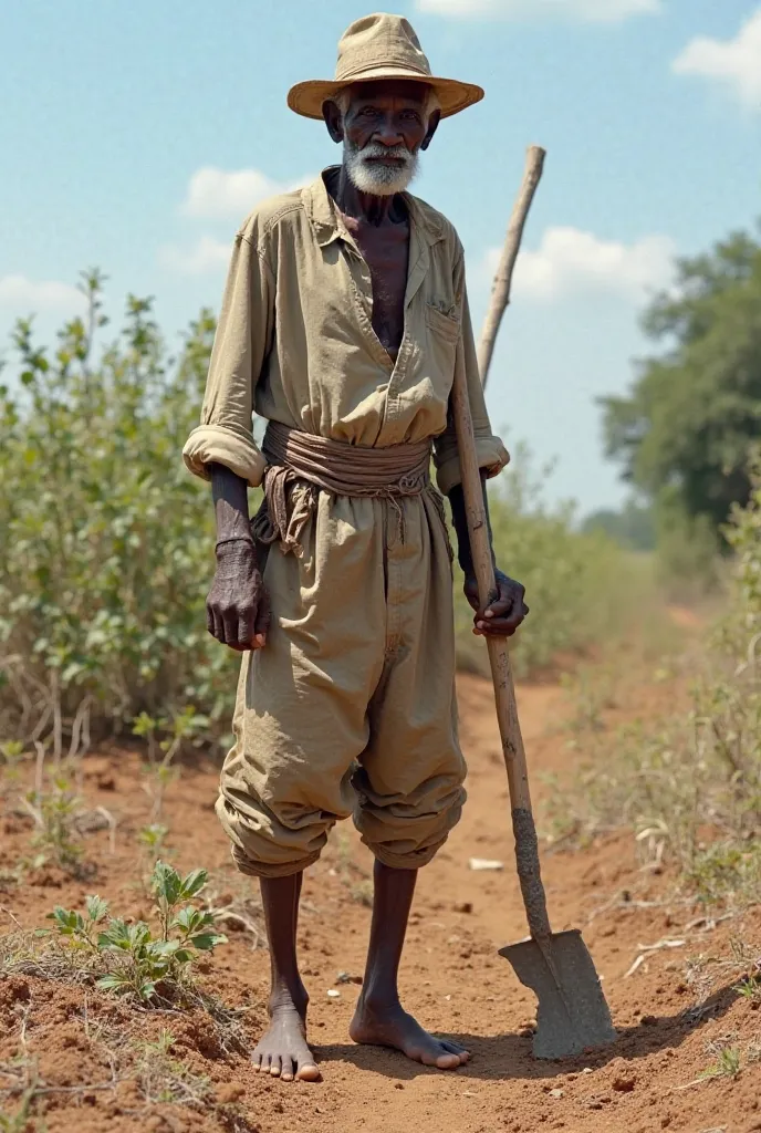 
"An elderly farmer with dark skin, thin, and with a serene expression, standing in a dry field with some plants in the background. He wears worn-out, loose clothing, including a long-sleeved, tattered shirt and pants rolled up to his calves. He wears an o...