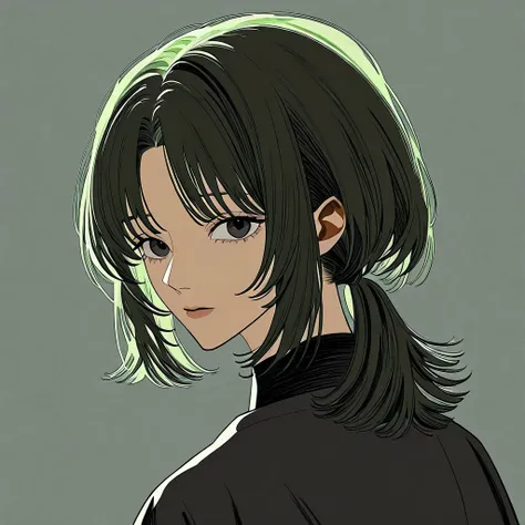 Create a black haired girl anime highlighting green hair. Keep an undercut hairstyle where the lower part of the hair and the upper part of the hair is collected in a short ponytail and the layers of the hair are graded to give volume and a slightly messy ...