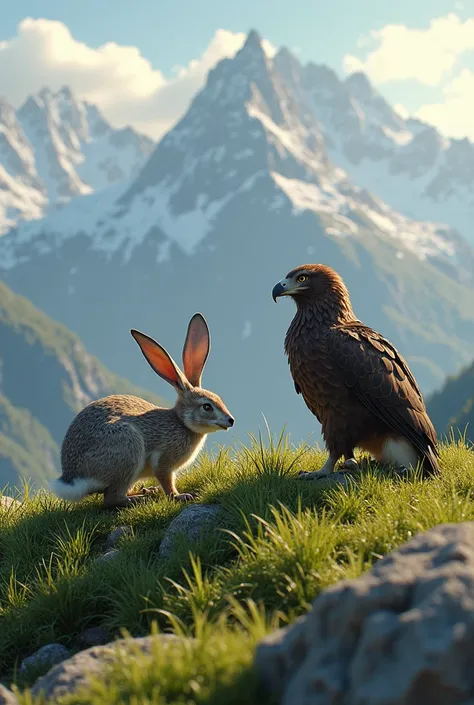 on top of the mountain, covered with lush green grass, сидят Заяц и Орёл. A hare with soft gray-brown hair calmly gnaws on a blade of grass, his long ears sway slightly in the wind. Next to the Eagle, majestic and proud, with dark brown feathers and a shar...