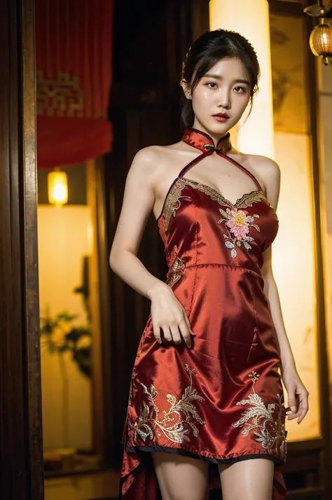 Asian girl wearing a Chinese dress, revealing dress, dress with lots of embroidery, lingerie-like dress, in China town at night, (((realistic))), (((High resolution))), huge breasts