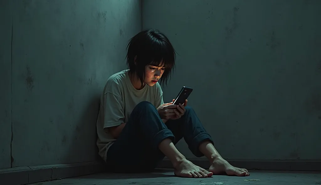 Illustrate an individual sitting in a corner, anxiously clutching a phone, awaiting a message or call from a loved one, symbolizing fear of being alone or abandoned.