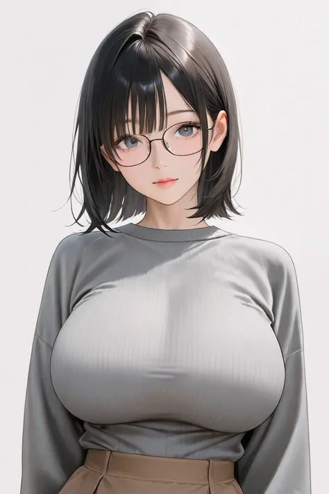 Glasses、Plain woman、Big Breasts、 Japanese、Straight short dark haired 、bangs、 extremely realistic 、 perfect composition、simple white background、 waist shot、Functional、 grey sweater