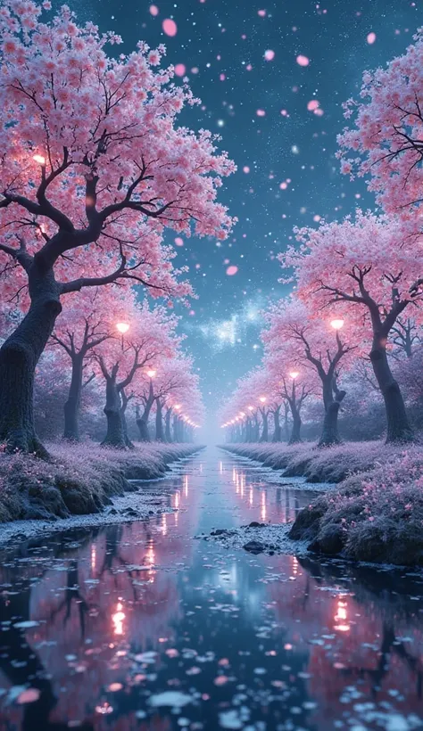 Night view

In this spectacular glitch art landscape, delicate sakura petals shimmer in shades of pink and white like binary codes in the night light. They seem to dissolve into intricate holographic snowflakes that float in a swirling vortex of real-time ...