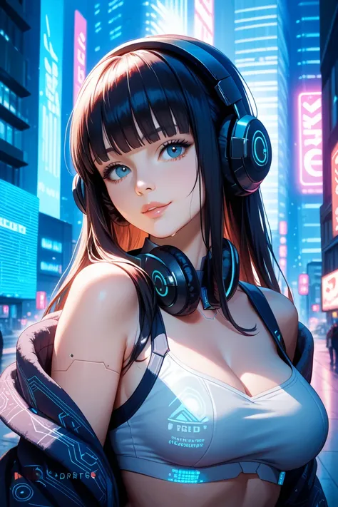 iPhone 15 resolution phone wallpaper，cyberpunk style，The subject is a black girl with long straight bangs， long hair shawl ，Wearing headphones，The appearance is cute and cold，Sexy attire
