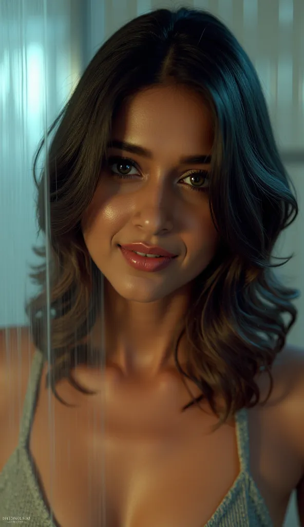 A highly detailed, hyperrealistic, and photorealistic image of a gorgeous desi woman with wet hair in a glass shower room with a seductively smiling look facing the viewer rendered in ultra-high resolution (8K). The image is a masterpiece with precise accu...