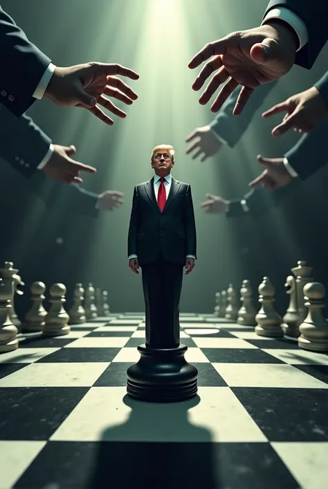 # 18. A giant chessboard with Trump as a pawn, manipulated by the hands of shadowy figures in the background.
# 18. Um tabuleiro de xadrez gigante com Trump como um peão, manipulado pelas mãos de figuras sombrias ao fundo.
