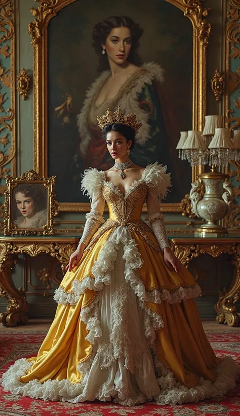 Salvador Dali::3 Queen::2 beautiful lady posing in a very complicated ornate opulent rococo::3 salon with only the best antiques and paintings, faces by Auguste Toulmouche --chaos 38 --ar 4:3 --stylize 999 --v 6.0 --iw 1.3