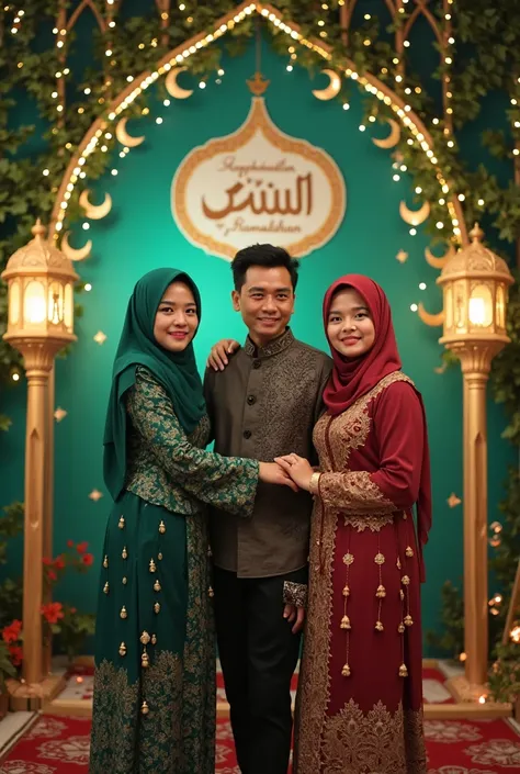 Ramadhan-themed photo booth with graceful Islamic decoration. two women and one man. One woman held the man's hand and another woman stood by. all of them are asians, standing facing the camera in an old Indonesian apologetic pose. The background is decora...