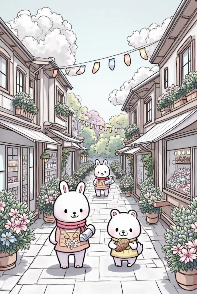 Give me cute kawaii style animated art for my coloring book woth a one side street view and cats, fluffy bears and rabbits are walking taking and some of them are carrying bags and some eats ice cream and show shops and stores on the stree of flowers , ice...