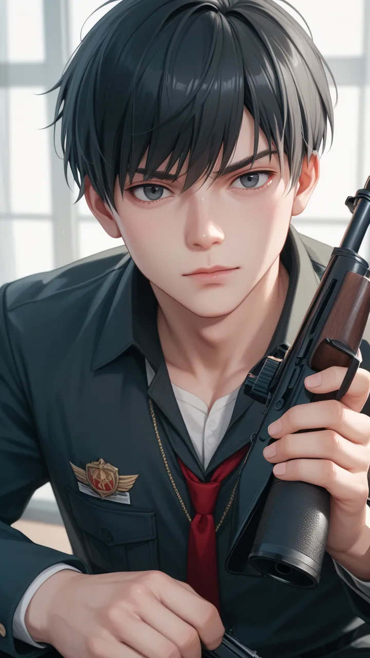 boy､ black hair､shortcut、I have a few hair habits､Eye color?､uniform､ mysterious ､ high school student､my eyes are hidden by bangs､solo, Silent､Gloomy､Holding a shotgun､Hitman School Student､holding a sniper, a killer bathed in blood