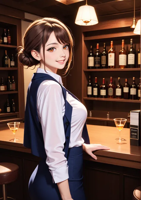 1 girl,office lady,navy skirt,low bun,brown hair,brown eye,short hair,swept bangs,smile,evening,bar,navy jacket ,white shirt,