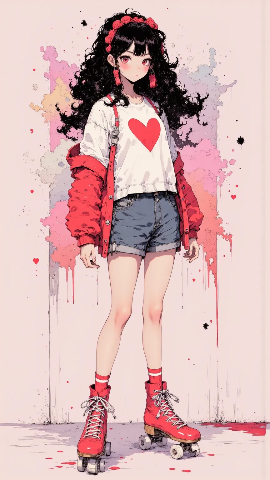 A beautiful young lady ，Smile brightly，have a cool vibe ， left with long and curly black hair，The skin tone is light olive 。 She wears a white heart and jeans shorts ， wears red roller skates（wheels are white）and red striped socks，Street skating。