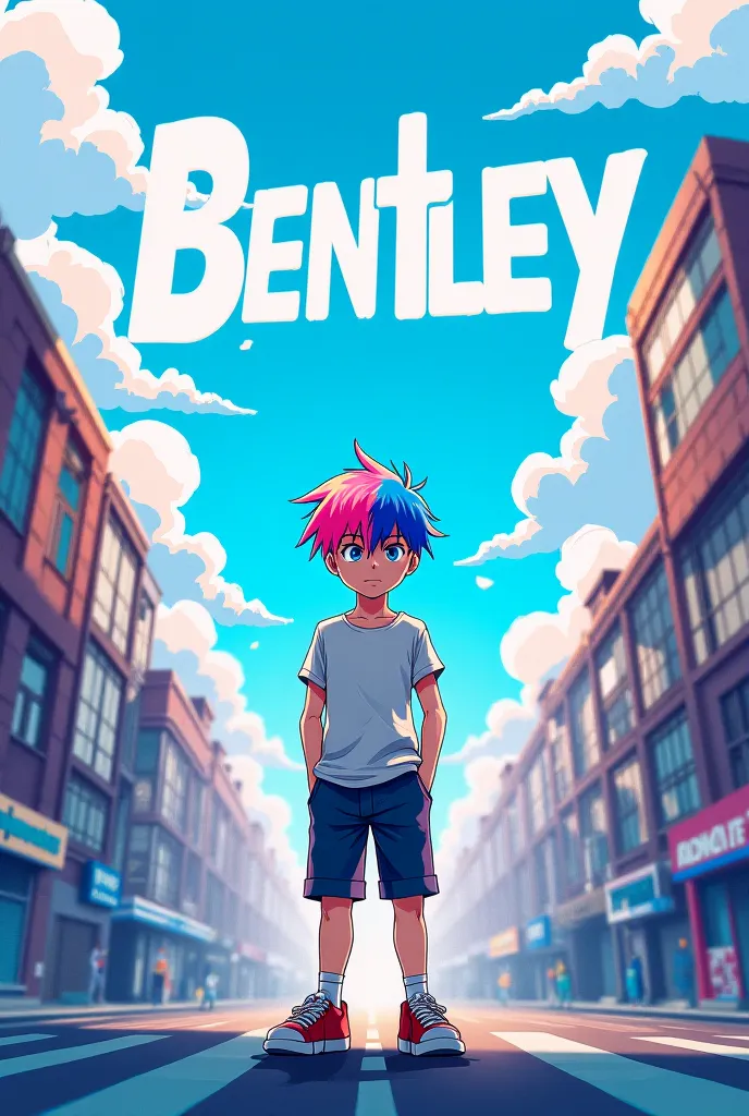 The boy character, with blue and pink two-tone hair, stands in the middle of the street, dressed in a street background in clouds, forming the alphabet, the word Bentley, manga.