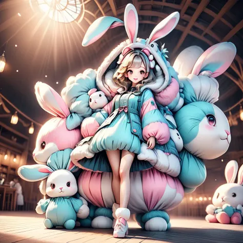 wearing a fluffy rabbit costume、woman with big rabbit ears,  full body shot , Wide angle, cute and ish expression, PROFESSIONAL PORTRAIT, Ultra Detailed 8k , High Resolution, detailed facial features, Detailed clothing, soft lighting, Fantastic,  fantasy, ...