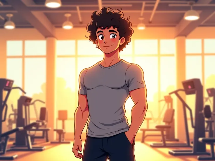 Create a vibrant illustration, not anime style, of a confident young man with curly and dark hair, standing in a sunny, modern gym. He is wearing a light gray sports shirt and black shorts, with an athletic build and shaped.  Her expression is friendly and...