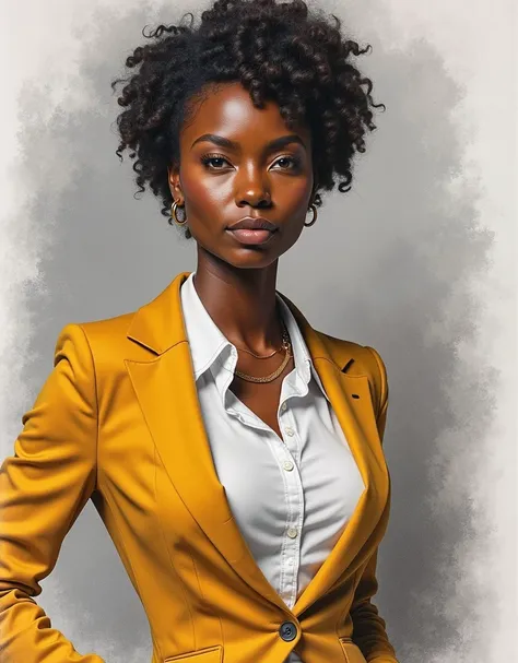 Illustrate a pencil sketch rendered in classical realism with a contemporary twist, featuring a 40-year-old Black woman. Her deep mahogany skin glows, and her striking hazel eyes exude confidence and determination. In a three-quarters view, her body is sli...