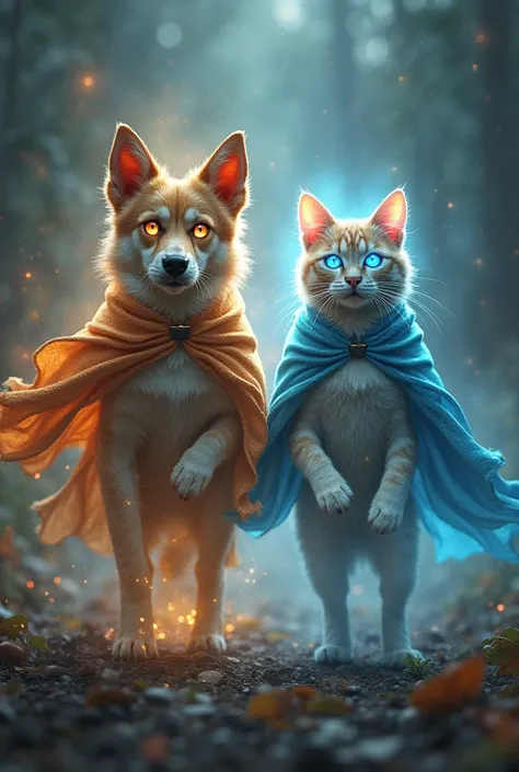 A dog and cat each with glowing auras, turning into, their eyes glowing and capes fluttering.