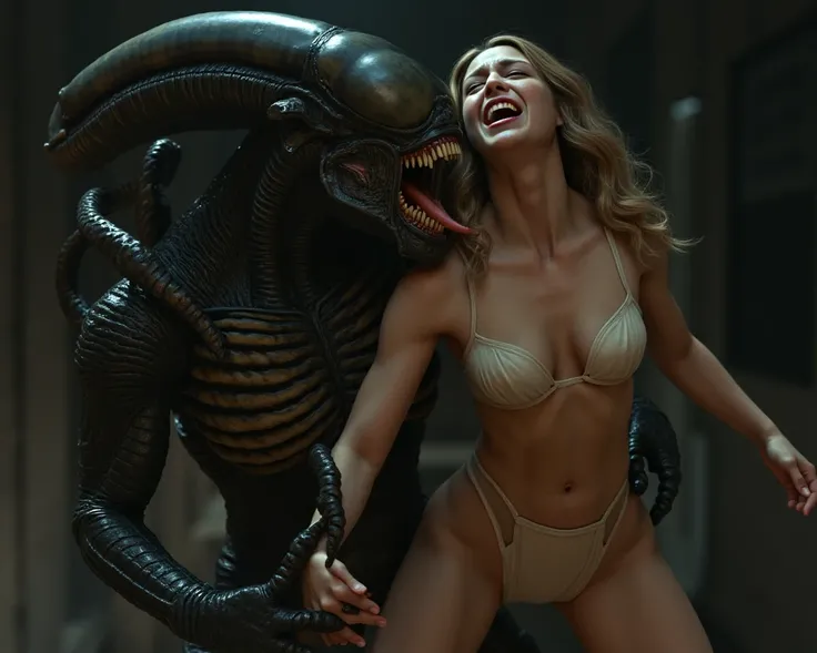 Woman in Underwear Being Humiliated by Xenomorph
Xenomorph is hugging a woman and making her tongue crawl。
Woman Screaming in Pain。
tears