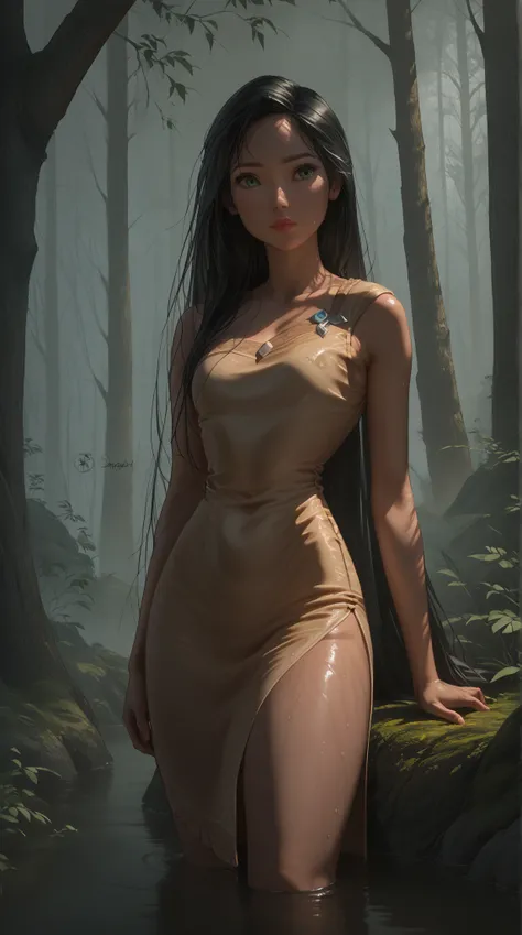 Drawing style with simple freehand pencil shading . Young woman with black hair, 20 years,  skinny,  not tall ,  green eyes, . very wide hips . Sexy Slit Chinese dress. Pocahontas. Forest background. Sexy posing. wet