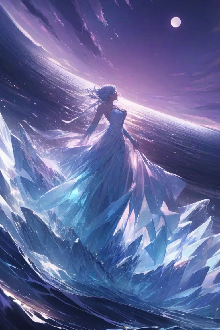 full, white moon ((ultra detailed)) in a vast, bright purple sky, full of moving stars, dynamic movement, below a bright blue sea, with ice around it, a mature, tall woman, below on the ice enjoying the view of the coast.
