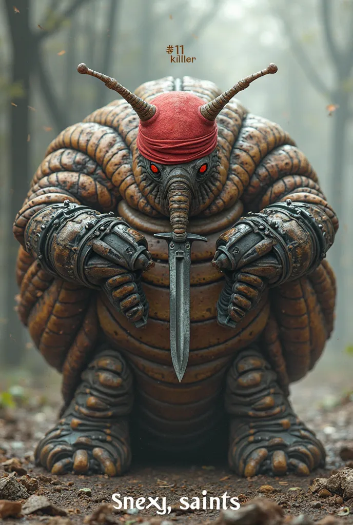 huge snail with two machine guns, one in each hand, it has a red headband like rambo, and a knife between its teeth, text on top "#1 Killer". text on bottom "Snexy Saints"