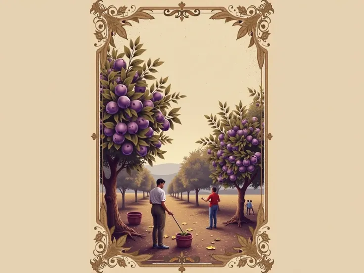 Make a bottle lable, put plum trees, and put people how collect plums, plums purple color, put some free space for title and free space under title, put gold borders, color for image brown, beige 