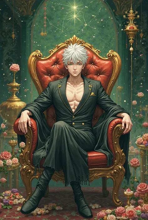 A majestic portrait of Gojou Satoru, Jujutsu Kaisen,  representing the Taurus sign .  He is relaxed , sitting on an elegant throne , surrounded by sophisticated candies and luxurious elements that symbolize their refined taste. Her clothes are stylish and ...