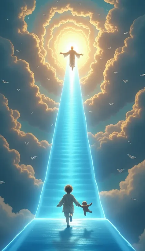 "A majestic scene in the heavenly sky, where a huge, glowing ramp of ethereal azure blue extends straight up to the house of God/Jesus. The ramp seems endless, with a divine glow radiating from its surface. Around it, millions of angels float in harmony, w...