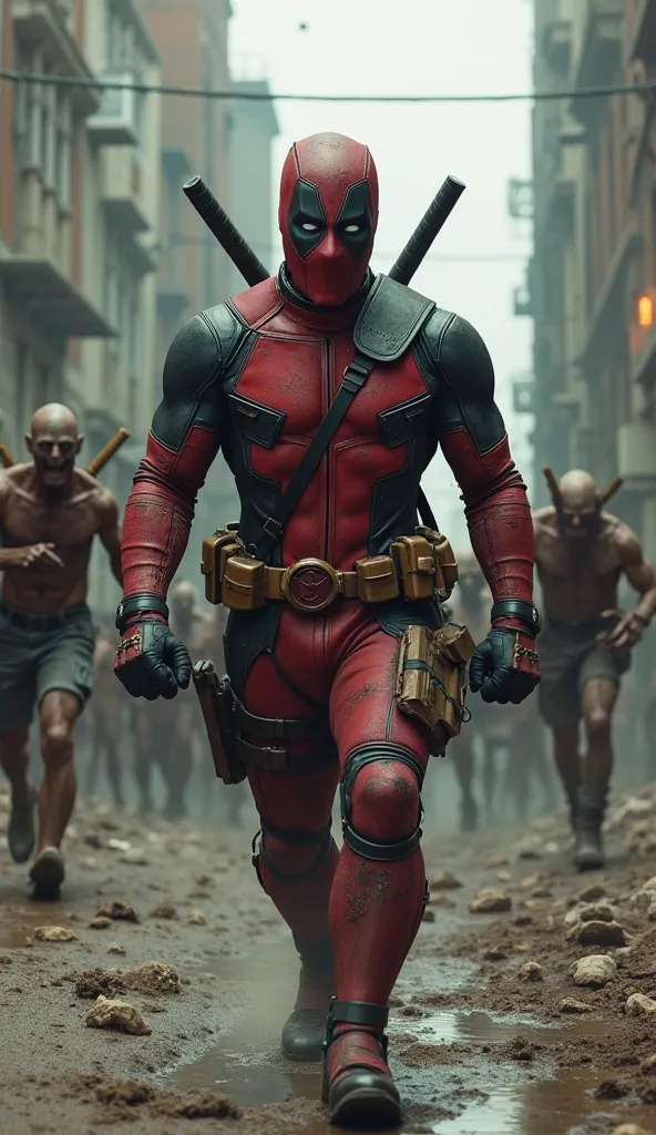 Marvel's Deadpool with his dirty, torn suit looking like a survivor of a Zombie apocalypse walking toward the camera with zombies in the background 