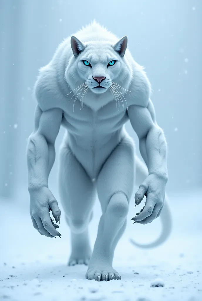 Frostborne Ursanid, A towering, bipedal creature with feline features, a thick silvery-white fur, clawed hands, and a short, muscular tail. Its broad, flat muzzle is lined with sensory whiskers, and its deep-set eyes glow a faint blue, adapted to piercing ...