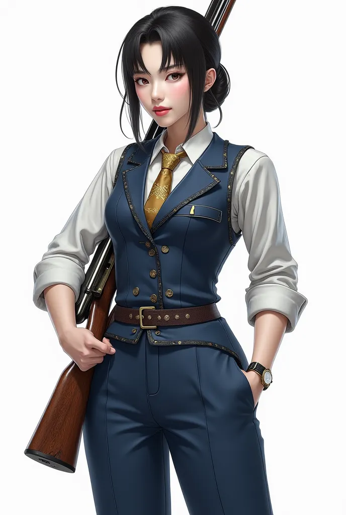 An elegant and sophisticated Japanese woman,  with delicate features, fair skin and sharp eyes.  Your hair is long and black, fastened in a traditional low bun with some loose locks framing her face. She wears a blue vest over a white shirt with folded sle...