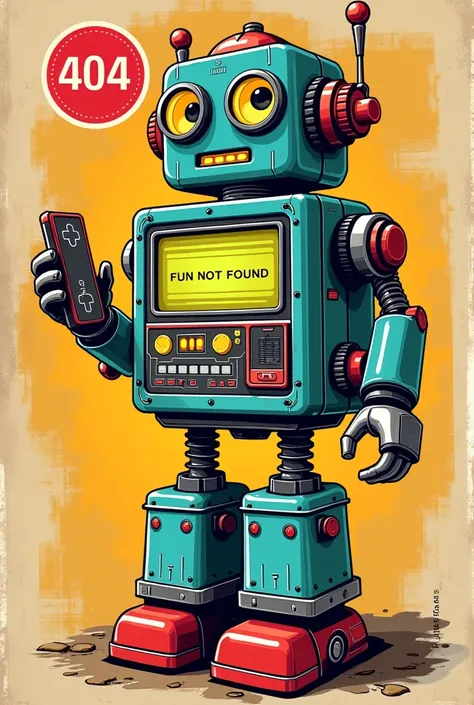 Create an image where:
Description of the Robot:
Robot with a look inspired by classic toys from the 80s , commercials recalling the old tin toys and collectible dolls of the time.
Colorful and vibrant design ,  with metallic details , large buttons and pi...