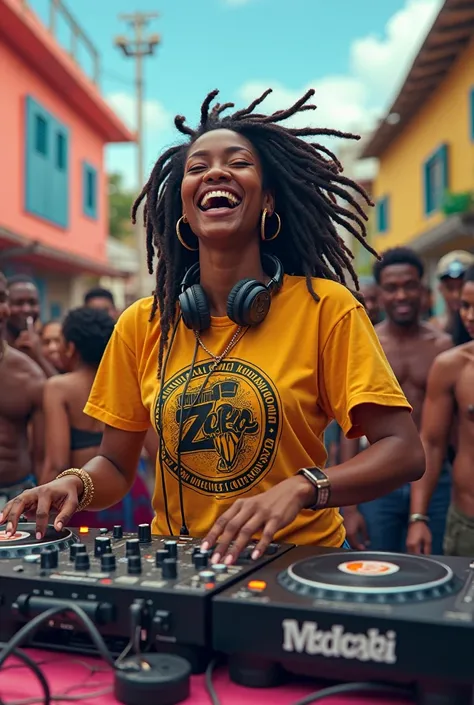 Black woman with dreads DJing at a favela party smiling with a t-shirt written Universal Zulu Nation 