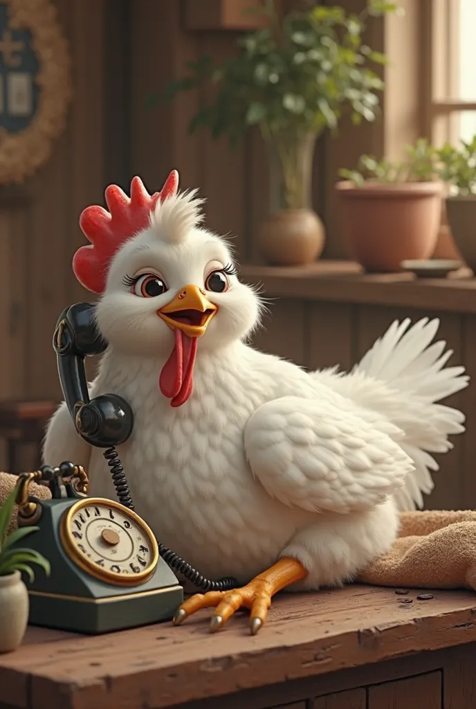 A reclining white chicken is talking on the phone