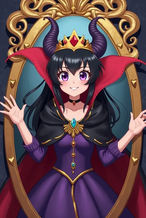 Beautiful Anime Girl with black hair and purple eyes. Dressed as an evil queen in Snow White. She is wearing a purple dress and a black and red vampire cape with a high collar and a crown. He is seeing himself in his golden magic mirror adorned with snakes...