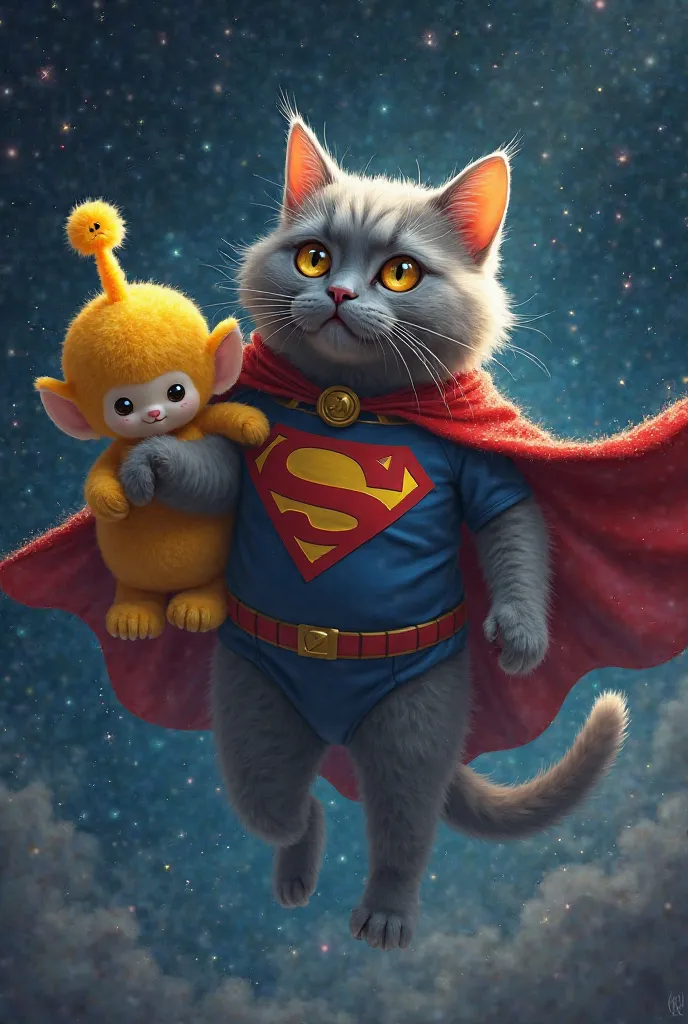 Create a huge all-grey British cat in space. He'll be a super hero with a cape, his shirt will say “Plush-em” and he'll fight with a yellow Teletubbies plush toy