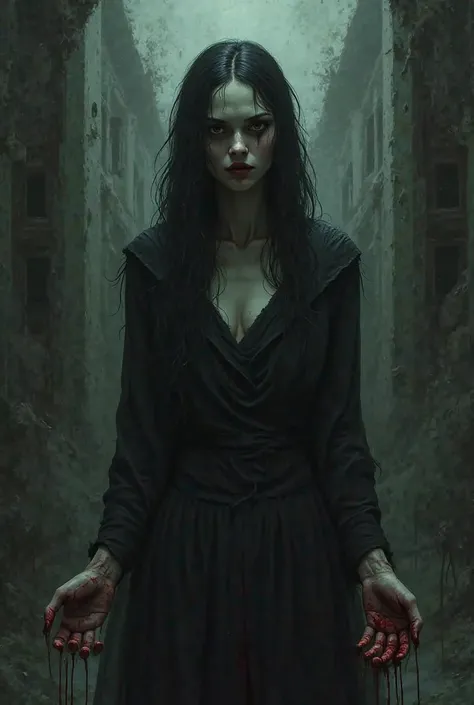 dark horror woman with blood hands creepy building 