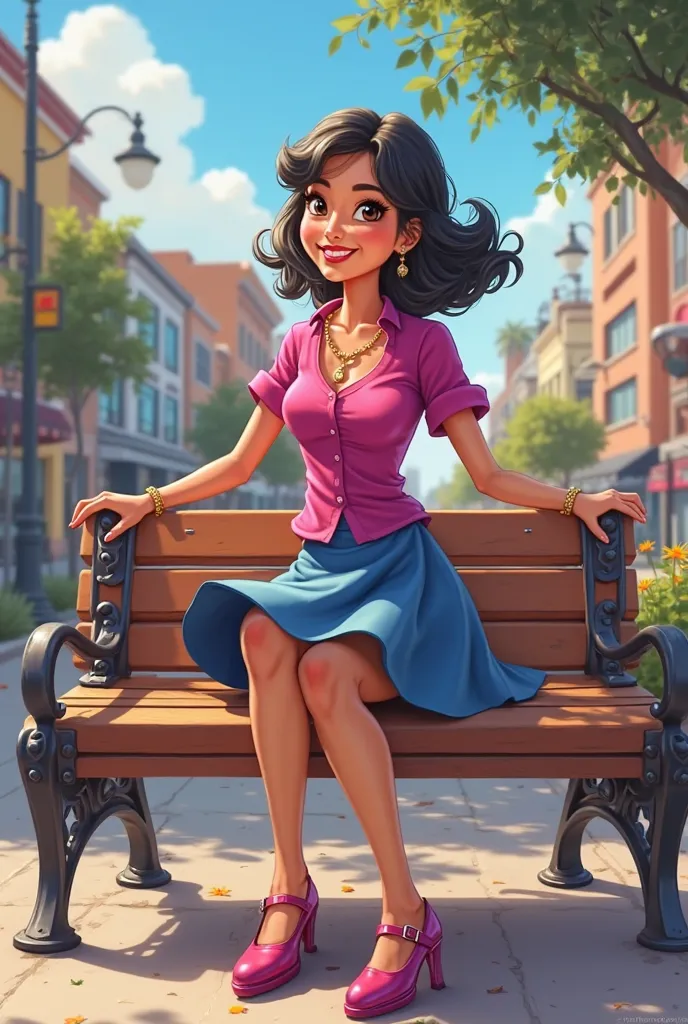 Tip: A very lovely  beautiful Asian American woman being happy alone on a bench in Downtown San Diego in the sun..The illustration is a high definition illustration with 4k resolution., with highly detailed facial features and cartoon style visuals, fuchsi...