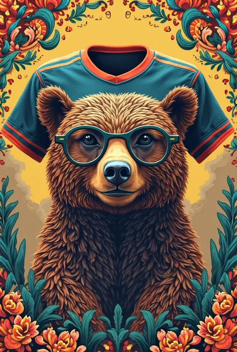 Design a soccer shirt with an Andean eyeglass bear from Antioquia